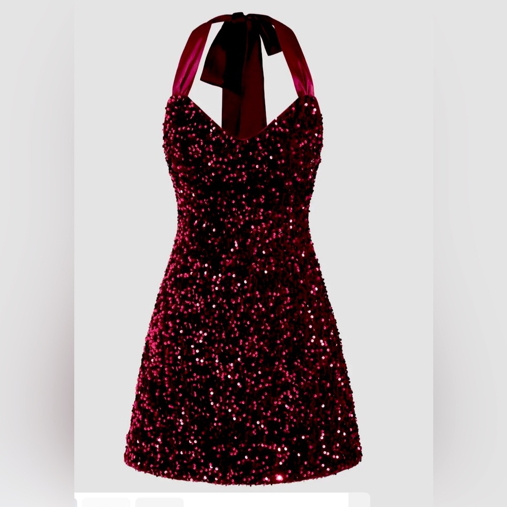 Maroon sequined halter dress